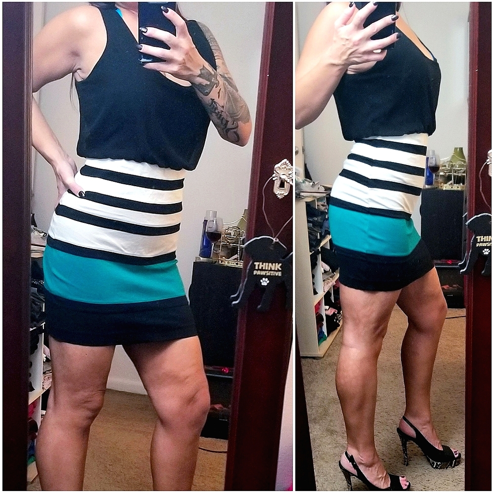 Express large black white teal mini dress stretch